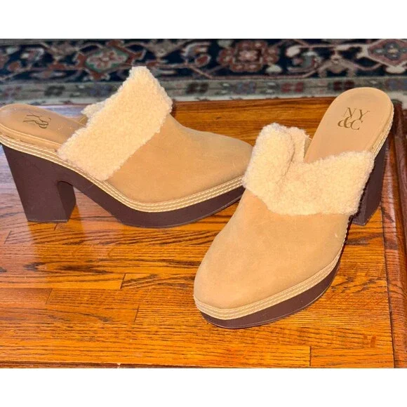 New York & Company Bailey Clog Faux Sherpa Lined Brown Tan Slip On Heel 9M - Picture 2 of 3